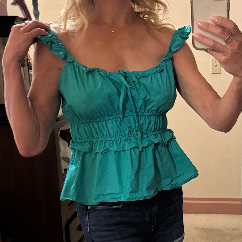Blue Sleeveless Ruffled Smocked Blouse